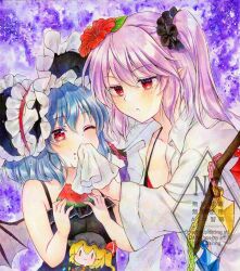  2girls aged_down alternate_costume alternate_hair_color alto2019 bat_wings bikini bikini_under_clothes black_bikini black_bonnet black_dress blue_hair blush bonnet breasts character_doll cleavage commentary_request crystal crystal_wings doll dress flandre_scarlet flandre_scarlet_(vampire_pursuing_the_hunter's_vacation) flandre_scarlet_(vampire_pursuing_the_hunter) flower food food_on_face frilled_bonnet frills fruit hair_flower hair_ornament hair_scrunchie handkerchief hat hibiscus highres holding holding_food holding_fruit holding_handkerchief holding_watermelon lolicon long_sleeves multicolored_wings multiple_girls one_eye_closed one_side_up open_clothes open_shirt pointy_ears purple_hair red_eyes red_flower remilia_scarlet remilia_scarlet_(tiny_devil_mistress's_vacation) remilia_scarlet_(tiny_devil_mistress) sample_watermark scrunchie shirt siblings signature sisters swimsuit touhou touhou_lostword watermark watermark_grid watermelon watermelon_slice white_shirt wings wiping_face 