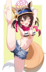  absurdres animal_ear_fluff animal_ears armpits arms_up bikini blue_archive blush brown_hair commentary_request denim denim_shorts eyeshadow female flexible flower fox_ears fox_girl fox_tail hair_flower hair_ornament halo highleg highleg_bikini highres holding_own_leg izuna_(blue_archive) izuna_(swimsuit)_(blue_archive) kawtorikomi kneepits leg_hold leg_lift leg_up makeup micro_shorts navel oerba_yun_fang official_alternate_costume one_eye_closed open_mouth pink_halo pom_pom_(clothes) pom_pom_hair_ornament red_eyeshadow red_scarf scarf shorts smile solo split standing standing_on_one_leg standing_split striped_bikini striped_clothes sunflower sunflower_hair_ornament swimsuit tail visor_cap 