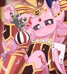  2025 4_fingers 4_toes :3 absurd_res accessory ace_of_hearts ambiguous_gender anklet anthro anthrofied balancing ball barefoot biped black_body black_clothing black_dress black_ears black_fur black_tail blush blush_lines bow_ribbon bracelet card centered_hair_bow cheek_tuft clothed clothed_anthro clothed_female clothing colored confetti digital_media_(artwork) dress duo ear_markings eeveelution espeon eyelashes facial_markings facial_tuft feet felid feline female female_anthro fingers flat_chested forehead_gem forehead_markings forked_tail front_view fully_clothed fully_clothed_anthro fully_clothed_female fur gem generation_2_pokemon glistening glistening_eyes hair_accessory hair_ribbon hairbow head_markings heart_symbol hearts_(suit) hi_res holowear_(pokemon) humanoid_hands jewelry kemono larger_anthro larger_female looking_at_viewer mammal markings micro monotone_body monotone_fur monotone_tail multicolored_body multicolored_ears multicolored_fur nacl_chicken nintendo nude on_one_leg performer_style_espeon pink_body pink_ears pink_fur pink_tail playing_card pokemon pokemon_(species) pokemon_unite pokemorph portrait prehensile_tail pupils purple_eyes purple_inner_ear purple_pupils raised_leg red_clothing red_dress ribbons ring_(marking) shaded signature sitting size_difference smaller_ambiguous smaller_anthro smile standing suit_symbol tail tail_markings toes tuft two_tone_body two_tone_ears two_tone_fur two_tone_tail umbreon unusual_anatomy unusual_tail yellow_body yellow_ears yellow_fur yellow_markings yellow_tail 