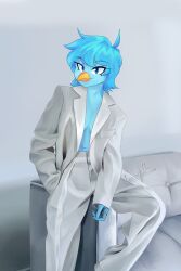  2025 absolute_territory absurd_res anthro avian beak bird blue_body blue_eyes blue_feathers blue_hair bottomwear breasts cleavage clothed clothed_female clothing content content_smile eyelashes eyelashes_through_hair fashion feathers female furniture hair hand_in_pocket hi_res jacket lewott lidded_eyes looking_at_viewer martlet_(undertale_yellow) navel non-mammal_breasts pants pinup pockets pose ring signature simple_background sitting smile smiling_at_viewer sofa solo topwear translucent translucent_hair undertale_yellow yellow_beak 