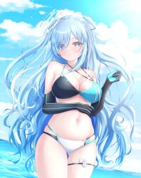  arm_across_waist artistic_error ass_visible_through_thighs bikini black_bikini black_gloves blue_bikini blue_gloves blue_hair blue_sky blush breasts bright_pupils cloud colored_eyelashes cowboy_shot criss-cross_straps day elbow_gloves female gears gloves grey_eyes hair_ornament hair_over_one_eye highres large_breasts long_hair looking_at_viewer miyashun0 multi-strapped_bikini_bottom multi-strapped_bikini_top multicolored_gloves multicolored_hair multicolored_swimsuit navel o-ring o-ring_bikini ocean outdoors parted_lips skindentation sky solo spaghetti_strap stomach streaked_hair swimsuit thigh_strap toono_oto two-tone_gloves two_side_up varium very_long_hair virtual_youtuber water white_bikini white_hair white_pupils 
