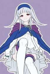  blue_cloak blue_hairband cloak closed_mouth convenient_leg dress feet_out_of_frame female gensou_suikoden grey_hair hairband knee_up long_hair long_sleeves looking_at_viewer mauve outline puffy_long_sleeves puffy_sleeves purple_background red_eyes sierra_mikain simple_background sitting sleeves_past_wrists smile solo thighhighs white_dress white_outline white_thighhighs 