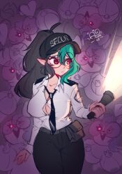  2girls ahoge akane_k0 akane_ko animal_ears artist_logo artist_name black_hair black_pants breasts buck_teeth button_gap cleavage collared_shirt commentary cosplay dual_persona five_nights_at_freddy's five_nights_at_freddy's:_security_breach flashlight glasses green_hair hat heart heart-shaped_pupils heart_in_eye highres holding holding_flashlight large_breasts logo long_hair mini_person multicolored_hair multiple_girls necktie open_mouth original pants pointy_ears ponytail pouch rabbit_ears rabbit_girl round_eyewear security_guard shirt spanish_commentary symbol-shaped_pupils symbol_in_eye teeth two-tone_hair vanessa_(fnaf) vanessa_(fnaf)_(cosplay) white_shirt 