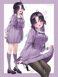  :o ? black_shoes blush border bow bowtie brown_hair clothes_lift collar commentary_request curtained_hair female grid_border highres kneehighs long_hair long_sleeves looking_at_viewer multiple_views open_mouth original pleated_skirt purple_border purple_bow purple_bowtie purple_eyes purple_shirt purple_skirt purple_socks raised_inner_eyebrows sailor_collar school_uniform shirt shoes signature simple_background sitting skirt skirt_lift smile socks sparkle speech_bubble spoken_question_mark twitter_username white_background white_collar white_wrist_cuffs wrist_cuffs yuuyu_(moco20111115) 