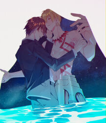  2boys armor arms_up belt black_belt black_jacket black_pants blonde_hair body_markings brown_hair closed_eyes closed_mouth collarbone commentary_request fate/extra fate/extra_ccc fate_(series) faulds gilgamesh_(fate) hand_on_another's_arm hand_on_another's_face highres jacket jewelry kishinami_hakuno_(male) layered_sleeves looking_at_another male_focus multiple_boys necklace pants shirt_tucked_in short_hair sky smile sohi star_(sky) starry_sky topless_male tsukumihara_academy_uniform_(fate/extra_ccc) water white_background yaoi 