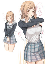  ? absurdres black_shirt black_skirt bow bowtie bra_visible_through_clothes breasts brown_eyes brown_hair cleavage closed_mouth commentary_request female grey_bow grey_shirt highres idolmaster idolmaster_shiny_colors large_breasts long_sleeves looking_at_viewer medium_hair miniskirt multiple_views murabito_c plaid_bow plaid_bowtie plaid_clothes pleated_skirt sailor_collar sakuragi_mano school_uniform serafuku shirt shirt_tucked_in simple_background skirt smile speech_bubble spoken_question_mark translation_request undershirt undressing white_background white_sailor_collar 