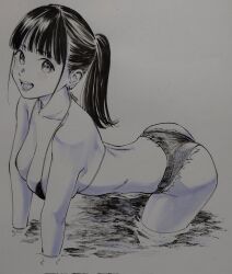  :d all_fours ass bikini bikini_top_only breasts corrupted_twitter_file cutoffs female gagaimo greyscale highres large_breasts looking_at_viewer looking_to_the_side micro_shorts monochrome open_mouth original partially_submerged ponytail shorts smile solo string_bikini swimsuit traditional_media turning_head wispy_bangs 