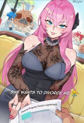  1boy 4girls bare_shoulders black_bow blue_eyes bow breasts bridal_gauntlets brown_bridal_gauntlets brown_shirt character_age character_request chef_hat crossed_bangs crying_emoji divorce dress dutch_angle emoji english_commentary english_text female fishnet_bridal_gauntlets food gown grey_dress hair_between_eyes hairbow halter_dress halterneck hat highres jewelry kasane_teto large_breasts light_smile long_hair looking_at_viewer mature_female megurine_luka monster multiple_girls necklace paper parted_lips pasta pearl_necklace pink_hair pov red_nails restaurant ring see-through_cleavage see-through_clothes shirt sin_(sintrybest) solo_focus spaghetti tall_hat taut_clothes taut_dress very_long_hair vocaloid 