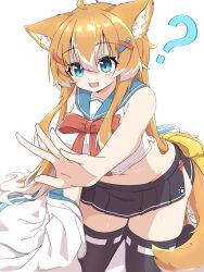  ? ahoge animal_ear_fluff animal_ears aqua_eyes black_skirt black_thighhighs blue_sailor_collar bow bowtie breasts cropped_shirt female hair_between_eyes hair_ornament hairclip highres jacket kneeling large_breasts light_blush long_hair miniskirt multicolored_hair navel open_clothes open_hand open_jacket orange_hair original outstretched_arm pleated_skirt red_bow red_bowtie red_ribbon ribbon ribbon-trimmed_thighhighs ribbon_trim sailor_collar shirt side_slit sidelocks simple_background skirt sleeveless sleeveless_shirt solo tail thighhighs toramaru2001710 two-tone_hair unworn_jacket very_long_hair white_background white_hair white_jacket white_shirt x_hair_ornament zettai_ryouiki 