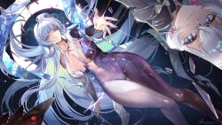  blush bodysuit breasts broken_glass colored_eyelashes commentary_request female glass goddess_of_victory:_nikke hanh_chu highres large_breasts liliweiss_(nikke) long_hair multicolored_bodysuit nayuta_(nikke) nayuta_(wu_wei)_(nikke) purple_bodysuit rapture_queen_(nikke) see-through_bodysuit see-through_clothes solo split-color_clothes two-tone_bodysuit unusually_open_eyes very_long_hair water_sleeves white_eyelashes white_hair 