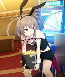  ahoge animal_ears armband bare_shoulders black_armband black_hairband black_nails black_skirt black_vest bow bowtie box brown_hair casino clenched_teeth coattails coin dot_nose english_text fake_animal_ears female game_cg gold_coin hair_ornament hairband holding holding_box indoors looking_to_the_side machine midriff official_art pencil_skirt purple_eyes rabbit_ears red_bow red_bowtie shichinosato_kofuki sidelocks skirt skull_hair_ornament slouching small_sweatdrop solo squatting teeth third-party_source toji_no_miko toji_no_miko:_kizamishi_issen_no_tomoshibi twintails vest white_wrist_cuffs wrist_cuffs 