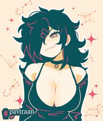  :3 antenna_hair arms_at_sides bare_shoulders black_choker black_hair black_shirt breasts bright_pupils choker cleavage closed_mouth commentary english_commentary female flipped_hair from_above hair_ornament hair_over_one_eye halftone halftone_background large_breasts long_hair long_sleeves looking_at_viewer off-shoulder_shirt off_shoulder one_eye_covered orange_eyes original outline paviraan shirt simple_background solo sparkle_background the_coffin_of_andy_and_leyley tsurime twitter_username upper_body v-shaped_eyebrows white_outline white_pupils yellow_background 