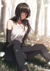  absurdres black_gloves black_hair black_pants breasts brown_eyes chainsaw_man elbow_gloves female gloves hair_between_eyes highres long_hair looking_at_viewer matomo medium_breasts open_mouth pants scar scar_on_face shirt sitting sleeveless solo tank_top white_shirt white_tank_top yoru_(chainsaw_man) 