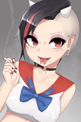  alternate_hairstyle asymmetrical_hair black_choker black_hair black_nails blue_bow bow breasts choker cigarette collarbone collared_shirt commentary_request crop_top ear_piercing eyebrow_piercing eyelashes face_piercing female finger_tattoo fingernails forked_tongue grey_background grey_hair highres holding holding_cigarette kijin_seija lip_piercing looking_at_viewer mouth_piercing multicolored_hair multicolored_nails nail_polish neck_piercing open_mouth piercing pointy_ears punk red_eyes red_hair red_nails shirt short_hair sidecut simple_background small_horns smile smoke smoking solo streaked_hair tattoo teeth tongue tongue_piercing too_many_piercings touhou two-tone_nails undercut upper_body upper_teeth_only very_short_hair white_shirt zakku_(kya--193) 