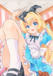  alice's_adventures_in_wonderland alice_(alice_in_wonderland) apron black_bow black_bowtie black_hairband black_shoes blonde_hair blue_dress blue_eyes bow bowtie chair commentary_request crack dress female giant giantess hairband highres long_hair looking_at_viewer marker_(medium) mary_janes puffy_short_sleeves puffy_sleeves shoes short_sleeves socks solo traditional_media twitter_username watermark white_apron white_socks yuiki_(cube) 