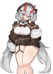  arm_up bare_shoulders belt beret blush bored bow breasts brown_belt brown_cape brown_gloves brown_skirt cape closed_mouth double-parted_bangs female fingerless_gloves gloves grey_hair hair_between_eyes hair_intakes hair_ornament hair_ribbon hat head_tilt high-waist_skirt highres horns jacket kim_aendeo large_breasts long_hair long_sleeves looking_at_viewer miniskirt oni open_clothes original plaid_clothes plaid_skirt pleated_skirt puffy_long_sleeves puffy_sleeves red_bow red_eyes red_horns ribbon shirt sidelocks simple_background skindentation skirt sleeveless sleeveless_shirt sleeves_past_wrists solo striped_cape sweat thick_thighs thigh_strap thighs upper_body very_long_hair white_background white_jacket white_shirt 