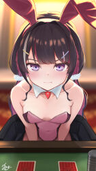  :t absurdres alternate_costume animal_ears artist_name azki_(hololive) bare_shoulders black_hair breasts casino_card_table collarbone commentary_request detached_collar fake_animal_ears female hair_ornament highres hishaku_(7stel2ar) hololive leotard light_blush long_hair looking_at_viewer mole mole_under_eye multicolored_hair pink_leotard playboy_bunny purple_eyes rabbit_ears red_hair sitting sweatdrop table tears twintails very_long_hair virtual_youtuber white_hair x_hair_ornament 