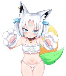  absurdres animal_ear_fluff animal_ears animal_hands bare_shoulders bell blue_eyes bra breasts cat_cutout cleavage_cutout clothing_cutout collarbone commentary_request earrings english_commentary female fox_ears fox_girl fox_tail frilled_bra frills gloves hair_ornament highres hololive jewelry light_blush llxr18 midriff navel neck_bell oerba_yun_fang paw_gloves paw_pose personification simple_background small_breasts sukonbu_(shirakami_fubuki) tail teeth twintails underwear white_hair 