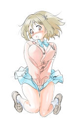  :o blue_bow blue_bowtie blue_skirt blush bow bowtie brown_hair brown_shoes buttons cardigan commentary_request female hair_ornament highres idolmaster idolmaster_cinderella_girls knees_together_feet_apart medium_hair mimura_kanako open_mouth pink_cardigan pleated_skirt ribbed_socks shiny_skin shoes simple_background skirt skirt_tug socks solo u4_99384295 white_background white_socks wind wind_lift 