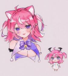  +_+ :3 ahoge animal_ears bare_shoulders blush blush_stickers bow breasts camila_(cami_2.0)_(vtuber) camila_(vtuber) cat_ears cat_girl chibi chibi_inset cleavage closed_mouth commentary cropped_shoulders diamond_facial_mark english_commentary eyelashes facial_mark female grey_background hair_between_eyes hair_ornament head_wings heart heart_facial_mark highres indie_virtual_youtuber kemonomimi_mode medium_hair multicolored_hair multiple_views pink_hair pinkpink939 pointy_ears purple_bow purple_eyes shirt short_sleeves simple_background smile streaked_hair tongue tongue_out two-tone_hair two_side_up virtual_youtuber white_hair white_shirt wings 