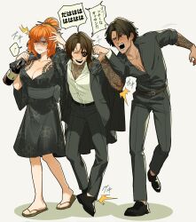  2boys ^_^ belt black_belt black_bow black_pants black_sash black_shirt black_shoes blush bow brown_hair closed_eyes dark-skinned_female dark_skin drunk eyepatch female full_body gregor_(project_moon) hair_bun hair_ornament hair_stick headache heathcliff_(project_moon) highres ishmael_(project_moon) kurokumo_clan_(identity)_(project_moon) laughing limbus_company low_ponytail medium_hair multiple_boys open_mouth orange_hair oxy_(ho2) pants ponytail project_moon sash shirt shoes simple_background smile translation_request tripping white_background white_shirt 