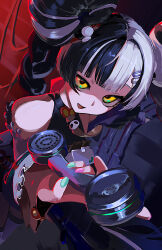  absurdres aqua_nails bare_shoulders black_hair braid braided_twintails china_dress chinese_clothes commentary_request corded_phone cowboy_shot detached_sleeves dialyn_(zenless_zone_zero) dress female from_above hair_ornament hairclip highres holding holding_phone id_card indoors kraken_bio long_hair looking_at_viewer multicolored_hair multicolored_nails necktie open_mouth phone pink_nails solo sparkling_eyes split-color_hair thighhighs white_hair white_thighhighs wire yellow_eyes yellow_necktie zenless_zone_zero 