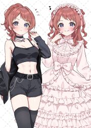  abs belt belt_buckle black_belt black_camisole black_choker black_hair black_nails black_shorts black_thighhighs blue_eyes blush bow breasts brown_hair buckle camisole choker cleavage closed_mouth commentary_request crop_top dot_nose dress eighth_note female fingernails frilled_dress frills gakuen_idolmaster grid_background hairbow hanami_saki hand_up headdress highres hoshinopurin idolmaster jacket jacket_partially_removed jewelry long_sleeves looking_at_viewer medium_breasts medium_hair midriff multiple_views musical_note nail_polish navel necklace notice_lines pink_bow pink_dress pink_headdress ponytail shorts smile spaghetti_strap split_mouth thighhighs two_side_up v-shaped_eyebrows white_background 