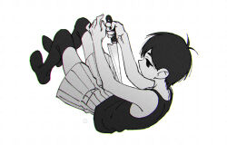  1boy antenna_hair bare_arms bare_shoulders chromatic_aberration commentary_request empty_eyes film_grain fingernails from_behind full_body greyscale hair_behind_ear hair_between_eyes hands_up high_contrast holding holding_knife imminent_suicide kitchen_knife knees_up knife lying male_focus monochrome no_mouth no_pupils omori omori_(omori) on_back pinstripe_shorts profile short_hair shorts simple_background solo suicide tank_top thighhighs toastytoast very_short_hair white_background 