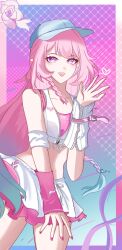  aqua_hair baseball_cap blue_hat breasts caomeineng chinese_commentary commentary_request crop_top cyrene_(anta)_(honkai:_star_rail) cyrene_(demiurge)_(honkai:_star_rail) cyrene_(honkai:_star_rail) diamond-shaped_pupils diamond_(shape) female gradient_background hat highres honkai:_star_rail honkai_(series) long_hair looking_at_viewer medium_breasts midriff miniskirt multicolored_hair official_alternate_costume pink_arm_warmers pink_hair pink_nails pointy_ears purple_eyes skirt solo symbol-shaped_pupils thighs two-tone_hair very_long_hair white_arm_warmers white_skirt 