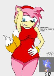  2025 absurd_res amy_rose anthro blue_eyes bracelet canid canine clothing colored dialogue dress eulipotyphlan female fox gloves gold_(metal) gold_bracelet gold_jewelry grey_background group hand_on_head hand_on_hip handwear hedgehog hi_res jewelry male mammal open_mouth open_smile pose possession question_mark red_clothing red_dress red_hairband seductive sega signature simple_background smile sonbr4 sonic_the_hedgehog sonic_the_hedgehog_(series) spanish_text standing tails text trio white_clothing white_gloves white_handwear 