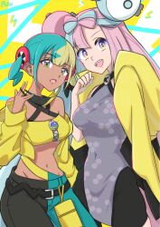  2girls aqua_hair bandeau black_mask black_shorts blonde_hair blue_eyes blue_hair bow-shaped_hair breasts canari_(pokemon) character_hair_ornament criss-cross_halter criss-cross_straps dark-skinned_female dark_skin grey_shirt hair_ornament halter_shirt halterneck hexagon_print highres iono_(pokemon) jacket lightning long_hair long_sleeves looking_at_viewer mask mask_pull medium_breasts mega_stone mochitaro_(mothitaroo) mouth_mask multicolored_hair multiple_girls navel open_clothes open_jacket open_mouth pants pink_hair pokemon pokemon_legends:_z-a pokemon_sv sharp_teeth shirt short_twintails shorts sleeves_past_fingers sleeves_past_wrists smile split-color_hair sports_bra stomach teeth twintails two-tone_hair two-tone_mask two-tone_pants yellow_bandeau yellow_jacket yellow_mask yellow_nails yellow_sports_bra 