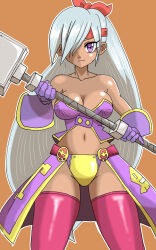  bare_shoulders breasts closed_mouth commentary cowboy_shot dark-skinned_female dark_skin elbow_gloves eyelashes female gloves grey_hair hair_over_one_eye hammer headband highres holding holding_hammer long_hair master_magmetal midriff navel orange_background outline pink_thighhighs purple_eyes purple_gloves red_headband shantae_(series) shantae_and_the_seven_sirens simple_background smile solo squidsmith_(shantae) tan thighhighs very_long_hair white_outline 