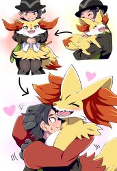  1boy animal_ear_fluff black_eyes black_hair black_hat blush braixen closed_eyes closed_mouth commentary_request delphox fangs female fennekin fox furry furry_female hat heart highres hug hug_from_behind mamiyama open_mouth paxton_(pokemon) pokemon pokemon_(creature) pokemon_legends:_z-a red_eyes smile teeth 