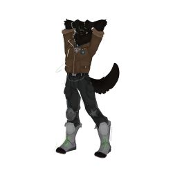  absurd_res anthro arms_above_head bandage bandage_on_face belt bird_dog black_body black_fur boots bottomwear canid canine canis cerberussenn chains checkered checkered_clothing clothing collared_shirt domestic_dog dress_shirt facial_markings footwear freckles fur green_eyes head_markings hi_res hunting_dog jewelry knee_pads labrador maine_(us_state) male mammal markings necklace pants pattern_clothing pouch_(clothing) retriever rim_light shasta_chirmann_(cerberussenn) shirt shoes smile solo star topwear undershirt uniform 