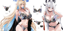  2girls alternate_breast_size_(larger) bare_shoulders black_bra black_choker black_horns black_panties blonde_hair blue_eyes blue_hair blush bra breasts choker closed_mouth collarbone colored_inner_hair commentary crown_of_thorns curled_horns earrings fleurdelys_(wuthering_waves) floating_earrings grey_hair hair_between_eyes highres horns huge_breasts jewelry leaning_forward long_hair long_horns looking_at_viewer m_(1n910) multicolored_hair multiple_girls navel off_shoulder panties pointy_ears red_eyes reference_sheet shirt sidelocks simple_background single_horn stomach thighs underwear very_long_hair white_background white_shirt wuthering_waves yellow_horns zani_(wuthering_waves) 