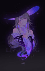  bare_shoulders black_background black_dress commentary_request detached_sleeves dress female grey_hair hand_up herta_(honkai:_star_rail) highres hitohachan honkai:_star_rail honkai_(series) long_hair long_sleeves looking_at_viewer nail_polish purple_eyes purple_nails simple_background solo the_herta_(honkai:_star_rail) upper_body very_long_hair watermark 