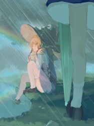  2girls black_shoes blonde_hair blue_skirt cloud cloudy_sky commentary_request crying crying_with_eyes_open dress elbow_on_knee fish_zeratin folded_umbrella highres knee_up kochiya_sanae legs medium_hair moriya_suwako multiple_girls purple_dress pyonta rain rainbow shoes sitting skirt sky socks tears thighs touhou white_socks yellow_eyes 