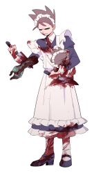 1boy alternate_costume animification apron black_dress black_shoes blood blood_on_clothes brown_hair commentary_request crossdressing crossdressing_(mtf) dress eddsworld enmaided highres holding holding_knife holding_stuffed_toy hollow_eyes juliet_sleeves knife long_sleeves maid maid_headdress male_focus male_maid mjsc_10 puffy_sleeves shoes short_hair shovel smile socks solo spiked_hair stuffed_animal stuffed_toy teddy_bear tom_(eddsworld) white_apron white_socks zombie 