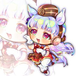  animal_ears armband belt_pouch blunt_bangs blush boots bow bowtie breasts brown_hat chibi chibi_only dress ear_bow ear_ribbon female gloves gold_ship_(red_strife)_(umamusume) gold_ship_(umamusume) grey_hair hat horse_ears horse_girl horse_pose horse_tail inioli leggings long_hair open_mouth pantyhose pillbox_hat pouch purple_bow purple_eyes red_bow red_dress sleeveless sleeveless_dress smile striped_armband striped_clothes tail thigh_strap umamusume white_gloves white_leggings white_pantyhose zoom_layer 