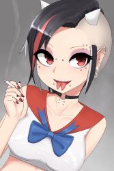  alternate_hairstyle asymmetrical_hair black_choker black_hair black_nails blue_bow bow breasts choker cigarette collarbone collared_shirt commentary_request crop_top ear_piercing eyebrow_piercing eyelashes face_piercing female finger_tattoo fingernails forked_tongue grey_background grey_hair highres holding holding_cigarette kijin_seija lip_piercing looking_at_viewer mouth_piercing multicolored_hair multicolored_nails nail_polish neck_piercing open_mouth piercing pointy_ears punk red_eyes red_hair red_nails shirt short_hair sidecut simple_background single_sidelock small_horns smile smoke smoking solo streaked_hair tattoo teeth tongue tongue_piercing too_many_piercings touhou two-tone_nails undercut upper_body upper_teeth_only very_short_hair white_shirt zakku_(kya--193) 