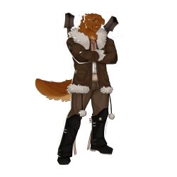 absurd_res anthro belt_buckle bird_dog boots brown_body brown_fur buckle canid canine canis cerberussenn clothing coat collared_shirt cowboy_boots crossed_arms domestic_dog dress_shirt facial_hair facial_scar footwear fur fur_trim_(clothing) green_eyes hair_strands hi_res hunting_dog khaki_pants machine male mammal moustache necktie net nova_scotia_duck_tolling_retriever pom_poms ranged_weapon retriever rim_light scar shirt shoes slicked_back_hair smile solo stubble teddy_williams_(cerberussenn) topwear weapon 