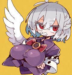 blush breasts closed_mouth collared_dress crossed_arms dress female hair_between_eyes highres jacket kishin_sagume long_sleeves looking_at_viewer massakasama medium_breasts medium_hair open_clothes open_jacket purple_dress red_eyes single_wing solo touhou upper_body white_hair wings yellow_background 