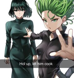  2girls black_dress bob_cut breasts clenched_hands collarbone collared_dress dress english_text eyelashes floating_hair fubuki_(one-punch_man) green_dress green_eyes green_hair highres large_breasts let_him_cook_(meme) linea_alba long_dress long_sleeves looking_at_another looking_at_viewer mature_female meme multiple_girls navel one-punch_man outstretched_arms parted_bangs parted_lips sachihiro short_dress short_hair siblings side_slit simple_background sisters skin_tight small_breasts tatsumaki turtleneck turtleneck_dress white_background 