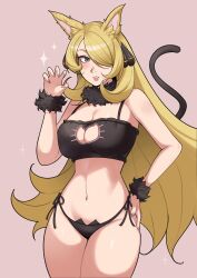  absurdres animal_ears black_bra black_panties blonde_hair bra breasts cat_cutout cat_ears cat_lingerie cat_tail cleavage cleavage_cutout clothing_cutout cowboy_shot cynthia_(pokemon) deliciousbrain female fur_collar fur_cuffs grey_eyes hair_ornament hand_on_own_hip hand_up highres large_breasts navel panties parted_lips pokemon pokemon_dppt simple_background solo stomach tail underwear 