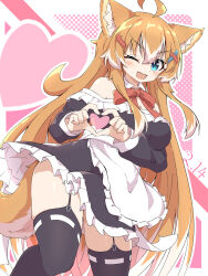 ahoge alternate_costume animal_ear_fluff animal_ears apron aqua_eyes black_dress black_thighhighs bow bowtie dated detached_collar dress feet_out_of_frame female four-finger_heart_hands frilled_apron frilled_dress frills garter_straps hair_between_eyes hair_ornament hairclip halftone halftone_background heart heart_hands highres light_blush long_hair looking_at_viewer maid multicolored_hair oerba_yun_fang off-shoulder_dress off_shoulder one_eye_closed open_mouth orange_hair original pink_background red_bow red_bowtie ribbon-trimmed_thighhighs ribbon_trim sidelocks skin_fang skindentation smile solo tail thighhighs toramaru2001710 two-tone_hair valentine very_long_hair white_apron white_hair x_hair_ornament 
