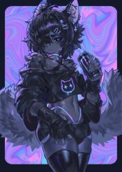  2025 2_tails abstract_background accessory alternative_fashion anthro beverage biped black_bottomwear black_clothing black_hair black_shorts bottomwear bulge choker claws clothed clothing colored crop_top cross digital_media_(artwork) ear_piercing emo fingerless_gloves fur gloves glowing glowing_eyes grey_body grey_fur hair hair_accessory hair_over_eye handwear hi_res inner_ear_fluff inverted_cross jewelry kemono legwear looking_at_viewer magic_dream00 male midriff monster_energy monster_energy_can multi_tail necklace piercing portrait psychedelic_background shaded shirt shorts skull_accessory solo standing tail thigh_highs three-quarter_portrait tight_bottomwear tight_clothing tight_shorts topwear tuft 
