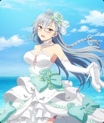  blue_sky blush bow braid breasts cleavage clothing_cutout cloud cowboy_shot day detached_collar dot_nose dress elbow_gloves female flower game_cg glasses gloves green_bow green_flower green_rose grey_hair hair_flower hair_ornament hair_ribbon heart_cutout high_heels holding holding_shoes holding_unworn_clothes horizon jewelry kitora_mirja large_bow large_breasts layered_skirt long_braid long_hair necklace ocean official_art open_mouth pearl_necklace pumps purple-framed_eyewear ribbon rose shoes silver_tiara single_braid skirt sky smile solo strapless strapless_dress third-party_source tiara toji_no_miko toji_no_miko:_kizamishi_issen_no_tomoshibi unworn_shoes wedding_dress white_dress white_gloves white_ribbon white_shoes white_skirt yellow_eyes 