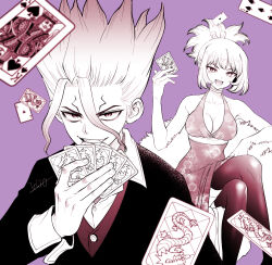  1boy ace_(playing_card) ace_of_spades bare_shoulders belt black_jacket breasts card cleavage cleavage_cutout clothing_cutout collarbone crossed_legs dr._stone dress eyelashes facial_mark female gradient_hair grin hand_up high_ponytail highres holding holding_card implied_hetero ishigami_senkuu jacket kohaku_(dr._stone) looking_at_viewer multicolored_hair ninomae_gin open_mouth playing_card ponytail purple_background red_eyes shirt sidelocks signature sitting sitting_on_object smile smirk spade_(shape) spiked_hair straight teeth thick_eyebrows thighhighs upper_teeth_only white_shirt 