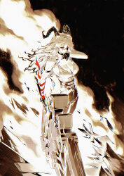  absurdres arm_strap bare_shoulders black_choker black_gloves black_horns black_pants breasts choker commentary curled_horns female gloves greatsword highres holding holding_sword holding_weapon horns large_breasts limited_palette looking_at_viewer necktie necktie_around_wrists pants red_eyes red_necktie rh_og69 shirt shirt_tucked_in solo sword weapon white_shirt wuthering_waves zani_(wuthering_waves) 