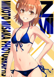  asymmetrical_bangs bikini blue_bikini breasts brown_eyes brown_hair comiket_105 cover cover_page doujin_cover female hair_behind_ear hair_ornament hairpin hand_on_own_hip looking_at_viewer misaka_mikoto navel parted_lips raika9 short_hair side-tie_bikini_bottom small_breasts smile solo swimsuit toaru_kagaku_no_railgun toaru_majutsu_no_index 